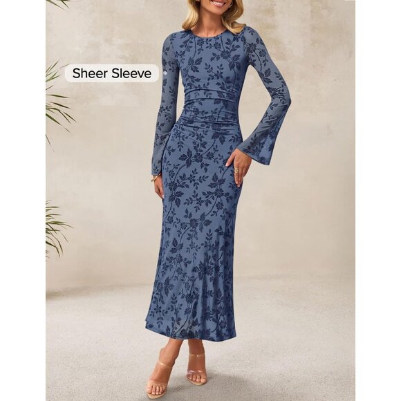 Zesica Women's Dusty Blue Ruched Mesh Long Sleeve Floral Bodycon Dress - Picture 2 of 5